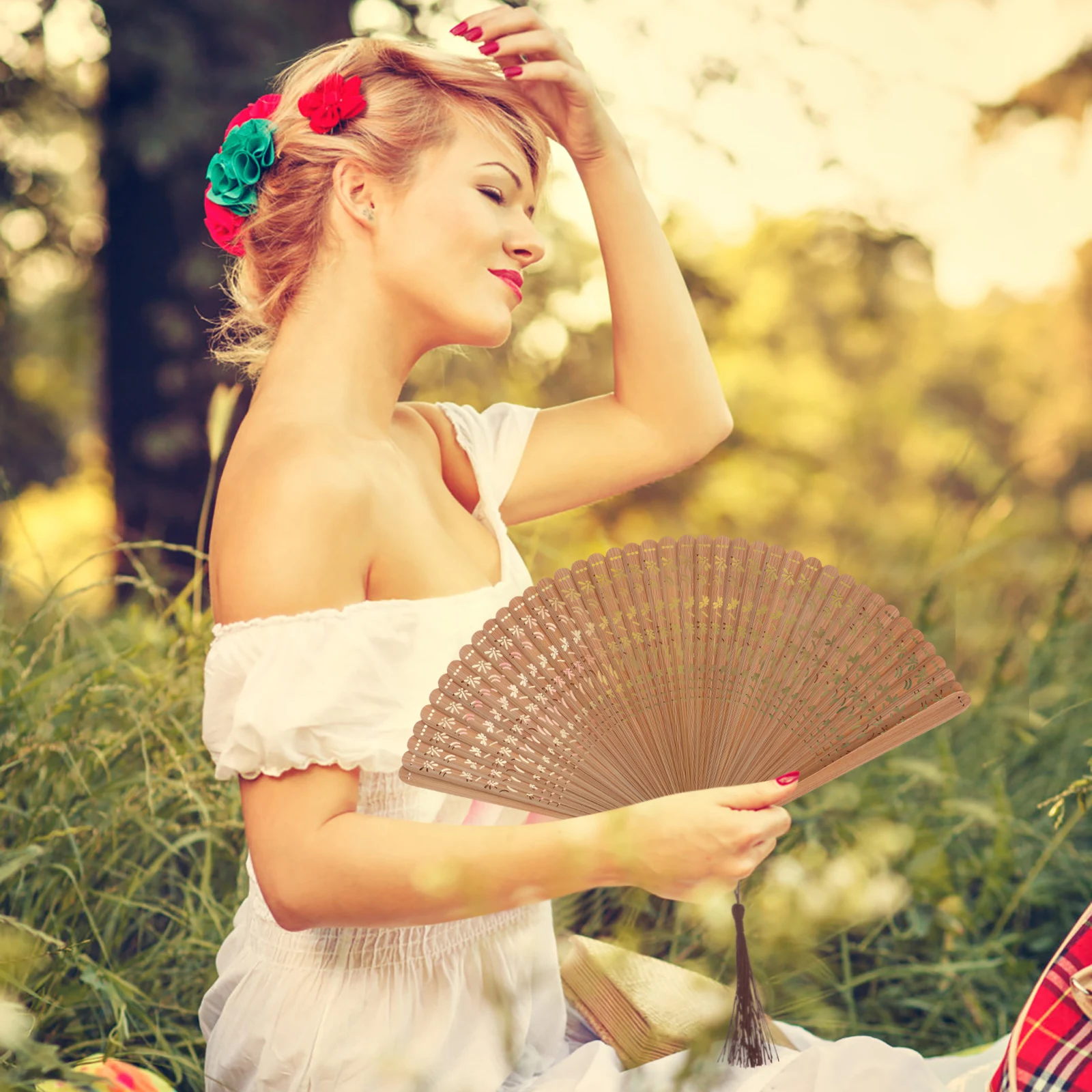 

Bamboo Folding Full Handheld Portable Mini Foldable Chinese Style Cooling Japanese Hollow Design Wood Fan for Women