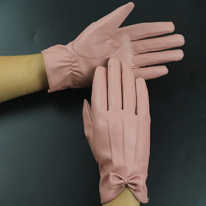 High Quality Leather Female Fashion Winter Warm Black Bow Cycling Gloves Women Driving Touch Phone Screen Glove Mittens B7