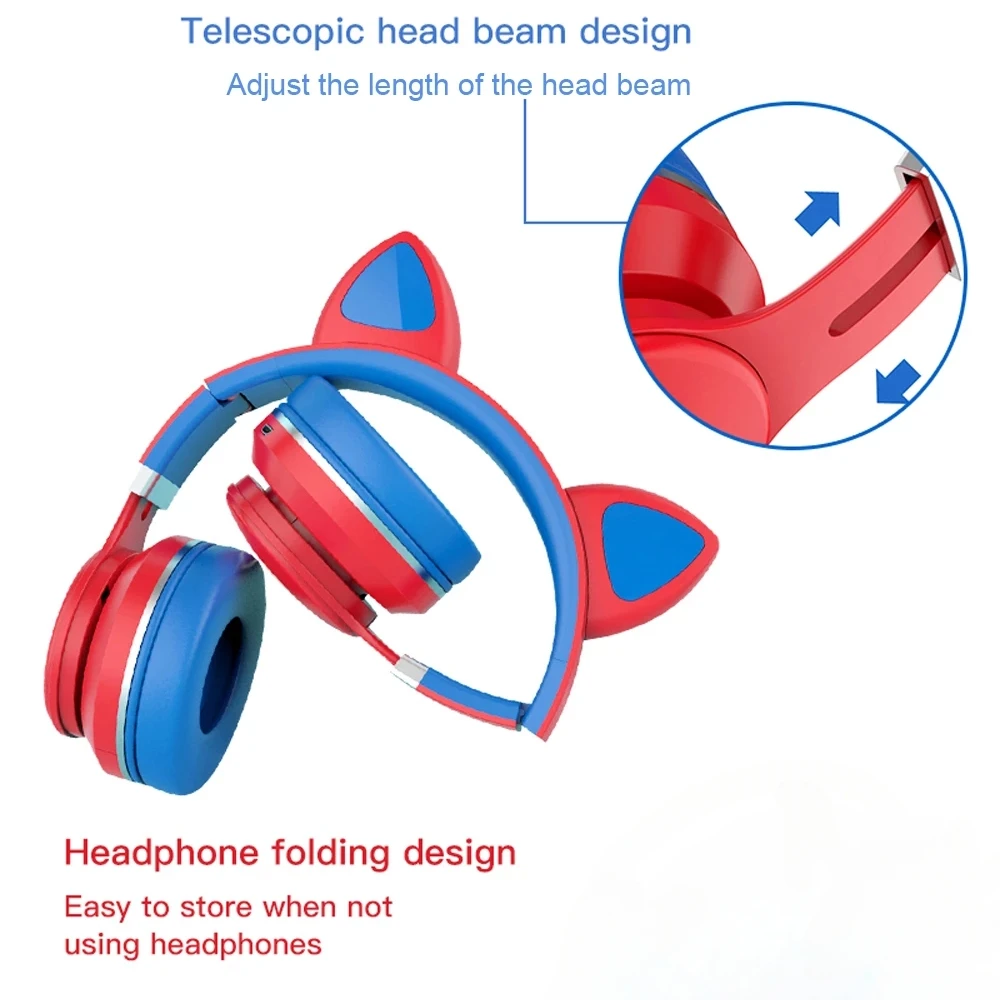고양이 귀 헤드셋 무선 헤드폰 블루투스 접이식 헤드셋 헬멧, 귀여운 이어폰 선물, 아이폰 샤오미 섬삼 폰 PS4
