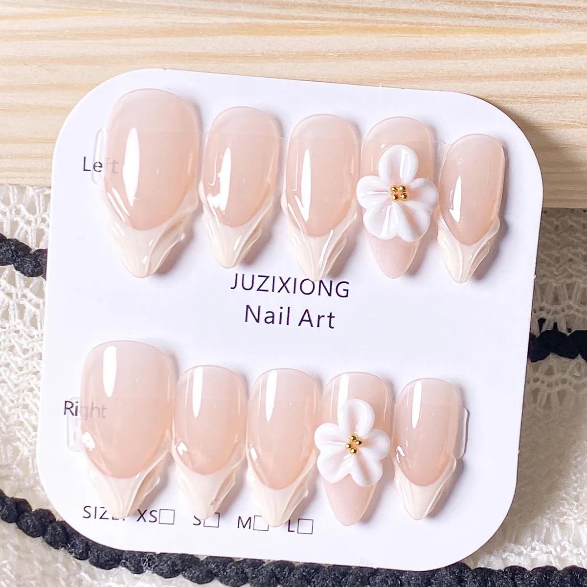 

10pcs Handmade Nude Press-On Nails - 3D White Flower & Gold Studs Decor, Elegant Romantic Nail Supplies
