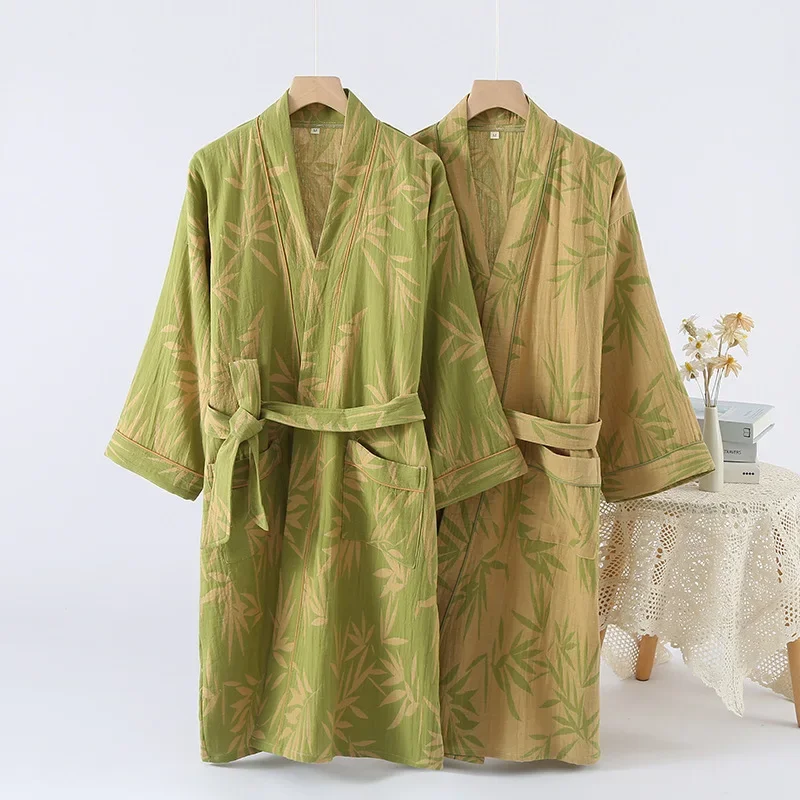 

Pure Cotton Double-layer Yarn Bathrobes Color-woven Jacquard Home Nightgown Spring Autumn Thin Kimono Robes Long Sleeve Pajamas