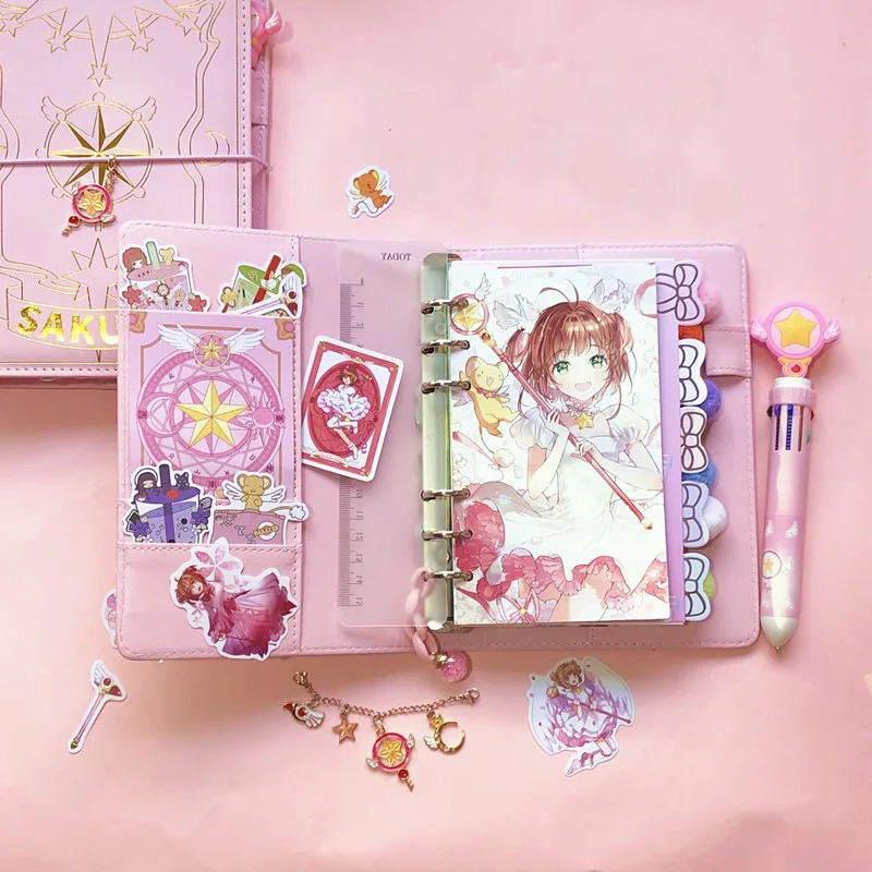 Anime Card Captor SAKURA Notebook Set Leather Journal Cartoon Figure Animation Art Writing Journal Notepad Stickers Rule pen