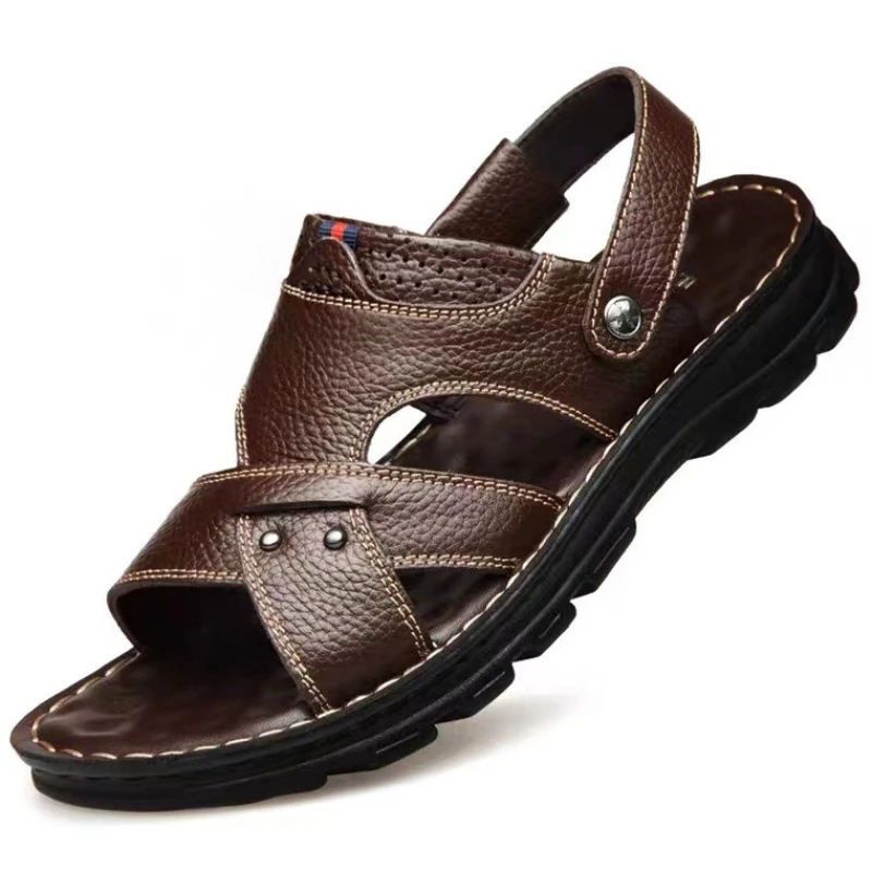 

Summer Men's Casual Cowhide Sandals with Soft Bottom Anti Slip Beach Casual Slippers Comfortable Dual use Leather Sandals