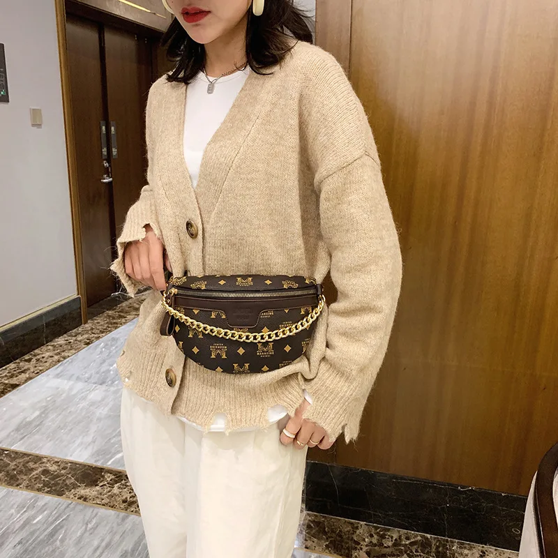 New Women\'s Hundreds of Waist Bag Girls Chest Bag Wide Shoulder Strap Single Shoulder Crossbody Bag Fashion Chain Decoration PU