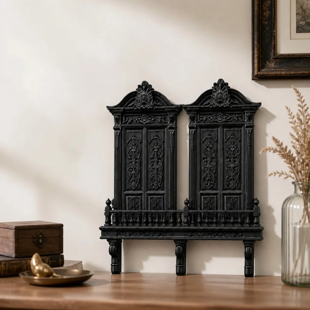 Gothic Cathedral Double Door Wall Shelf, Black PLA Plastic Ornate Floating Display Rack for Dark Academia Gothic Home Decor