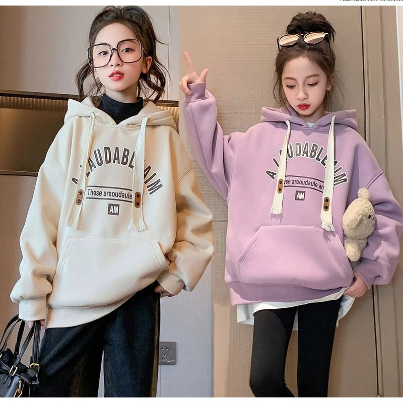 

New Autumn Winter Girls Hoodies Fashion Letter Lining Plus Velvet Keep Warm Sweatshirt For Kids 3-14 Years Teens Clothes