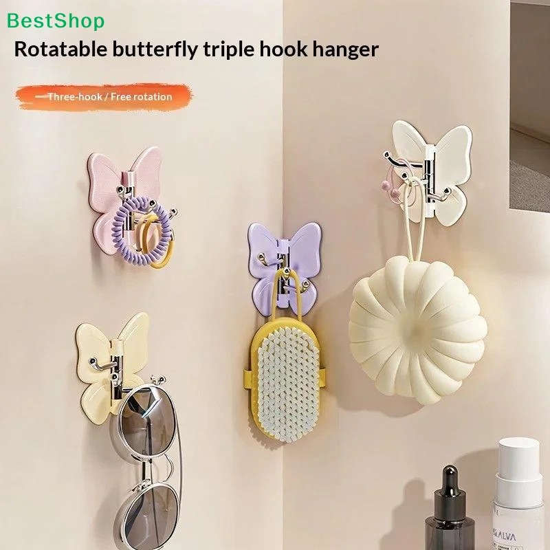 ♩ Niedliche, schmetterlingsförmige, selbstklebende Wandhaken, 3 drehbare, bohrfreie Designs zum Aufhängen von Handtüchern, Schlüsseln, Schmuck