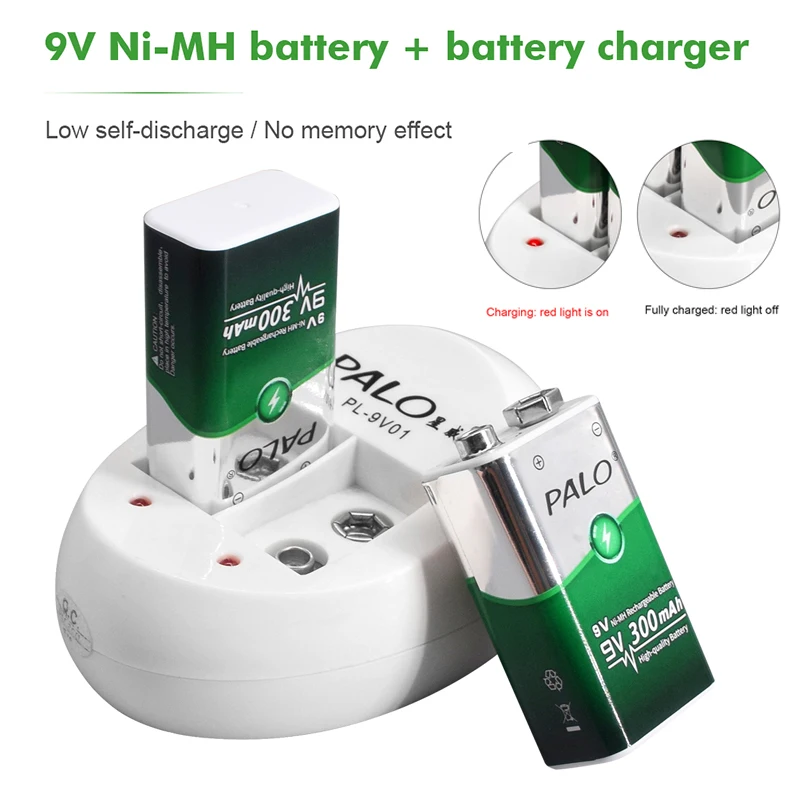 PALO 2-6pcs 9v 6F22 300mAh Ni-MH NiMH 9 Volt Rechargeable Batteries+Charger For 6F22 9V NiCd NiMh Li-ion Rechargeable Batteries