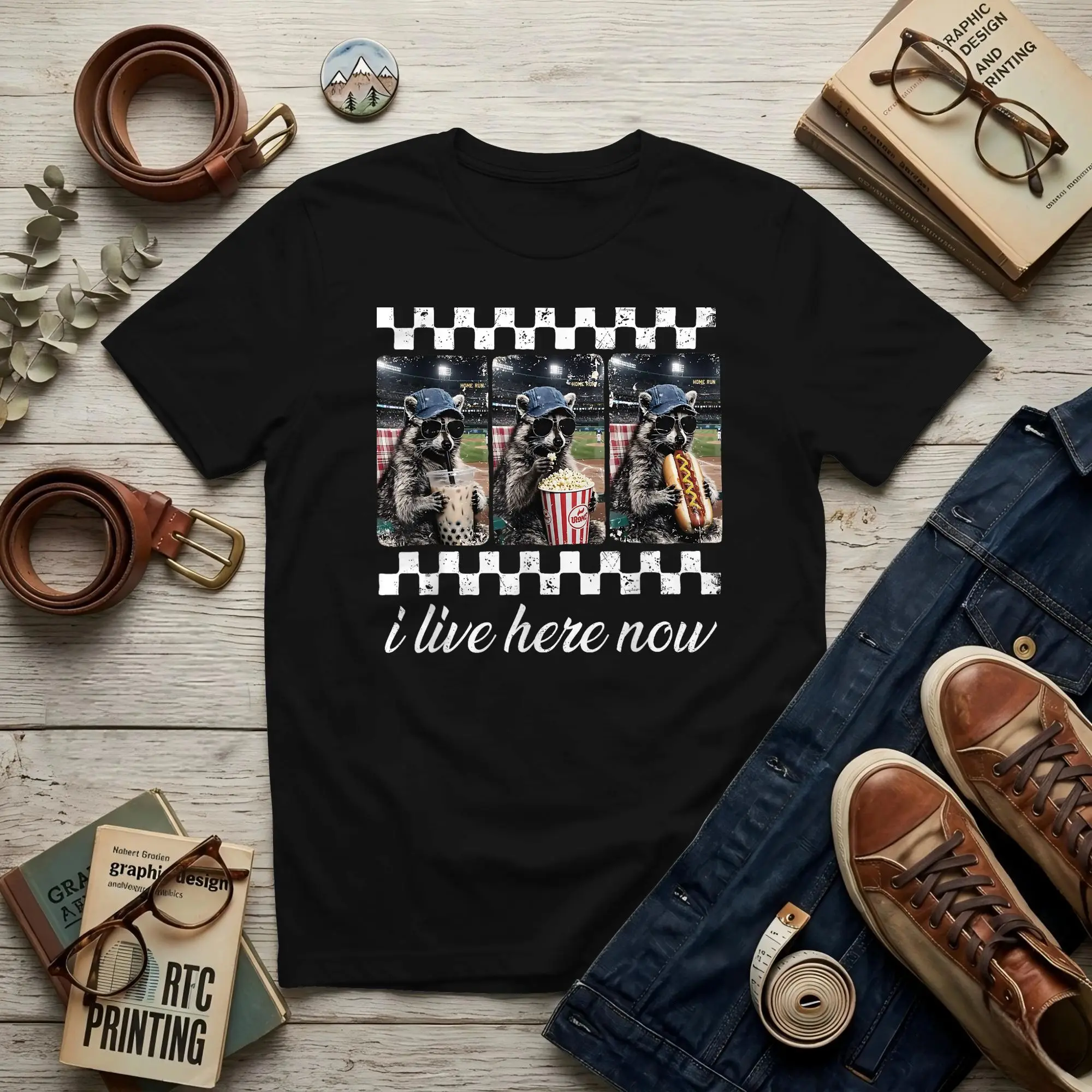 Funny Raccoon Ballfield Baseball Field Men's T Shirts Baseball Tee Shirt Short Sleeve Crew Neck 100% Cotton Printed Clothing