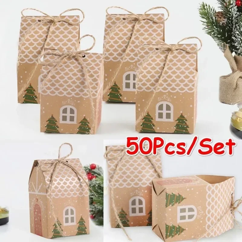 

50pcs Party Xmas Decor House Shape Cookies Pouch Christmas Candy Box Kraft Paper Gift Bags Candy Box