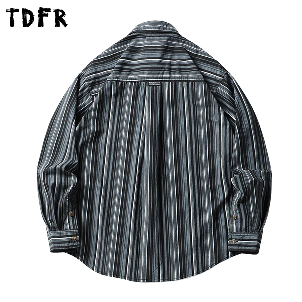 Pocket Striped Long Sleeve Shirts Mens Autumn Retro Casual Loose curved hem Lapel Single Breasted Shirts Man