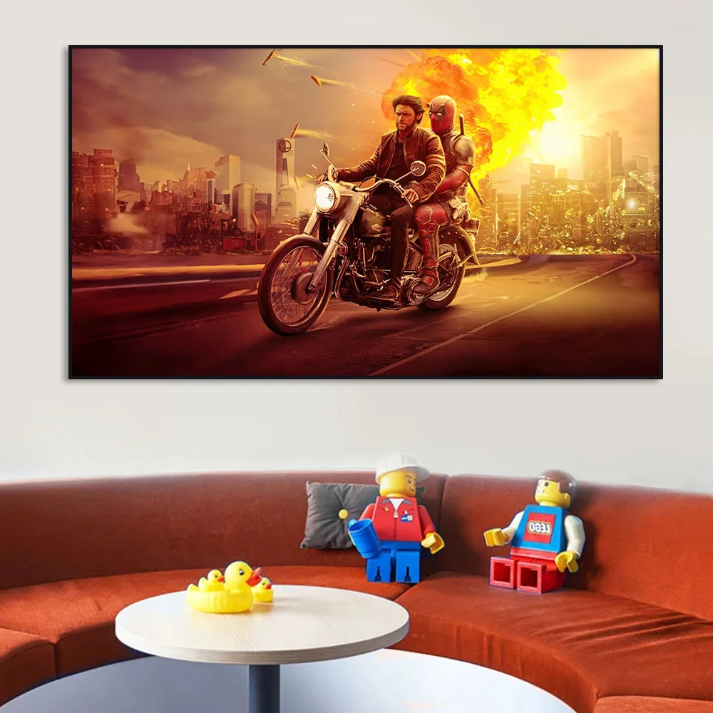 Wolverine Deadpool Motorcycle Mayhem Poster Disney Wall Art Canvas Painting Print Superheroes Pictures Room Home Decor Cuadros