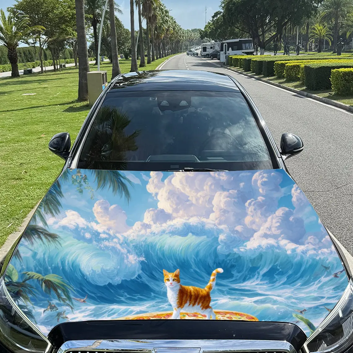 

Playful Ocean - Wave Cat Car Hood Stickers - Self-Adhesive, Waterproof and Durable Vinyl Wrap, Decorate And Protect Your Car, Fi