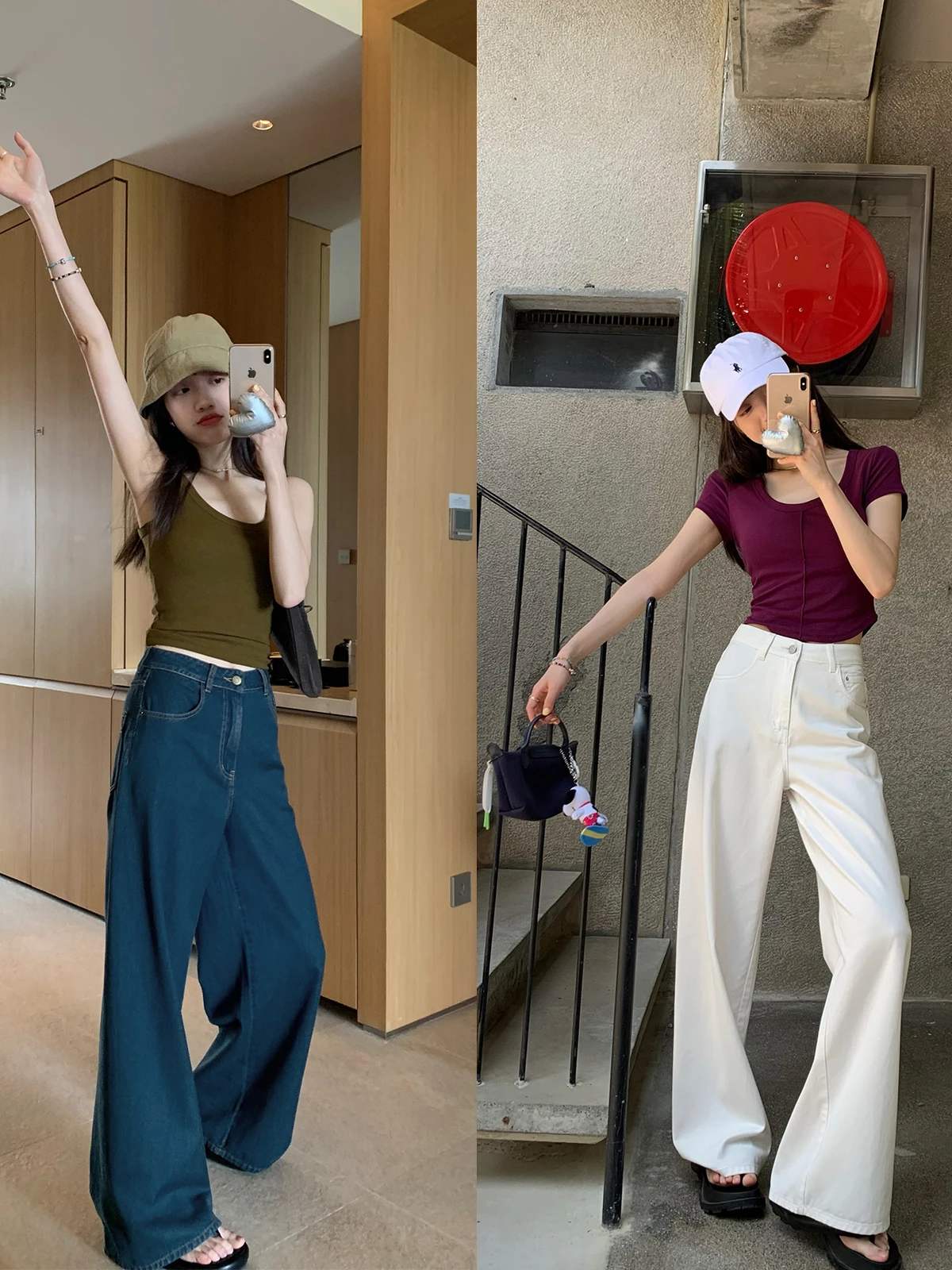 

Двухцветные белые джинсы Hong Kong Sle Milksense с завышенной талией, прямые, из хлопка, синие, женские