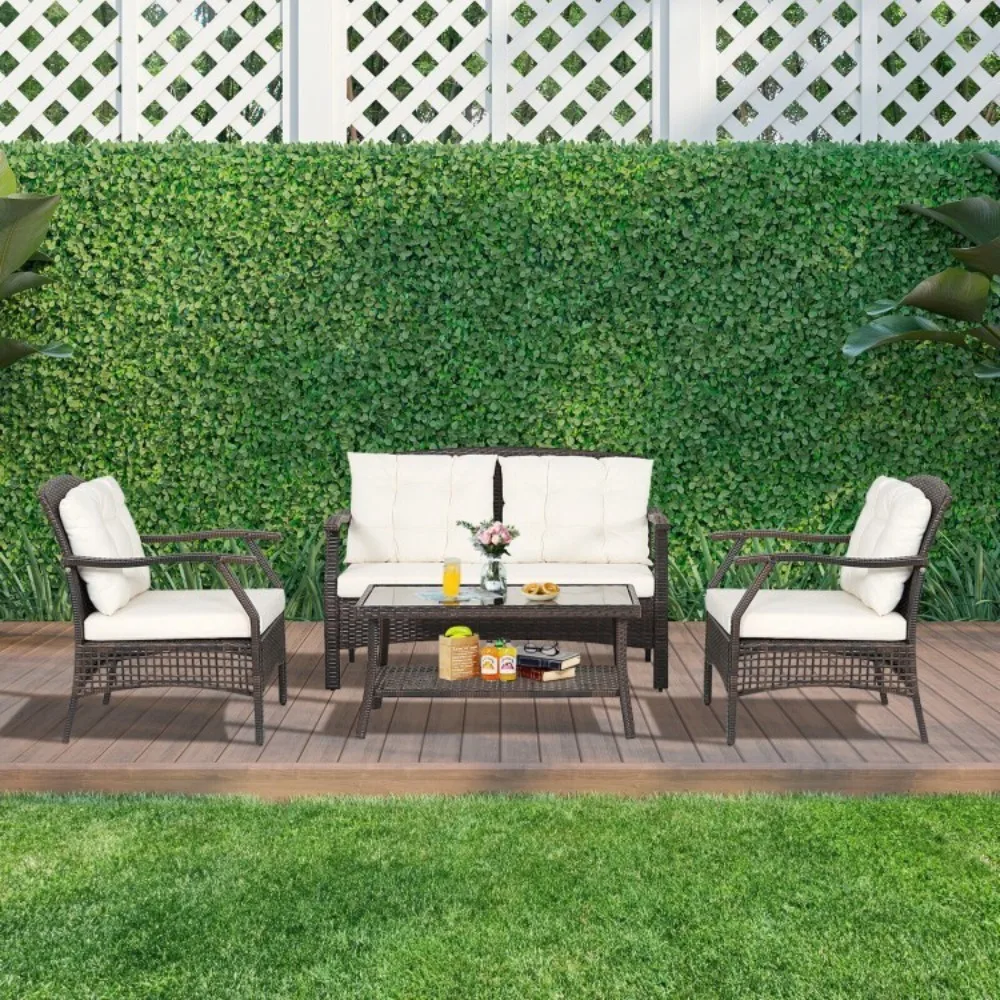 

4 PCS Patio Outdoor Garden Furniture Conversation Rattan Set w/Protective Cover