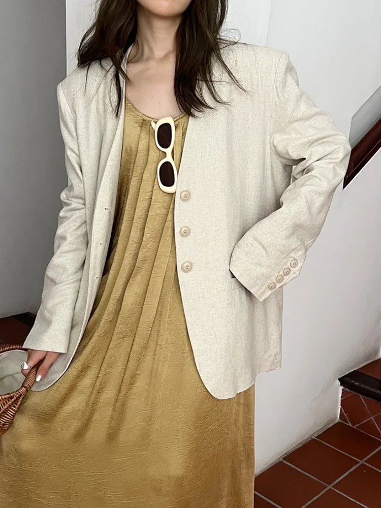 LANMREM-Blazers de lino para mujer, Chaqueta de manga larga con cuello de pico y botonadura única, Estilo Vintage para oficina, novedad de verano,