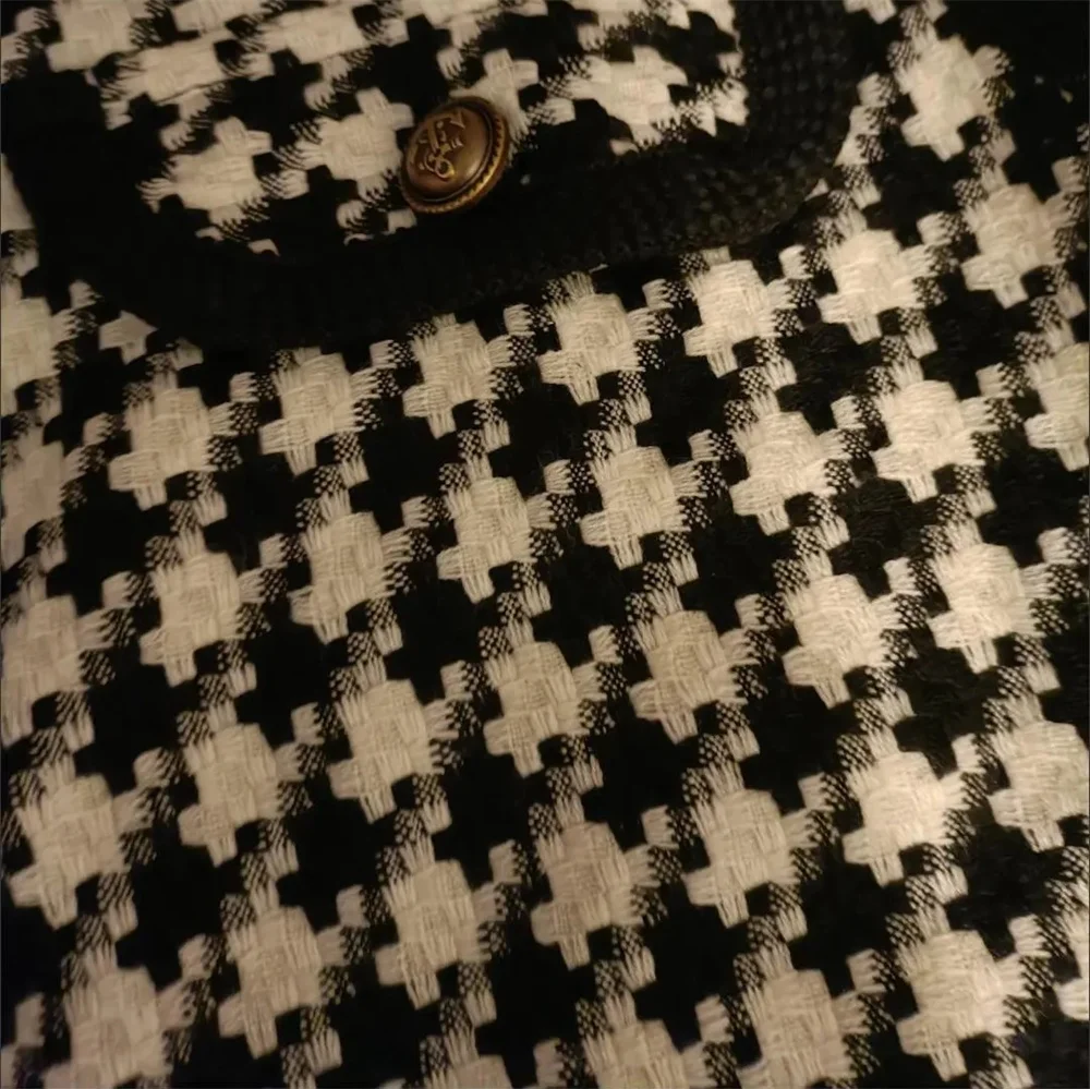 Vintage tweedowa kamizelka damska Houndstooth wiosna jesień tweedowa jednorzędowa kamizelka elegancka damska bezrękawnik z dekoltem w serek