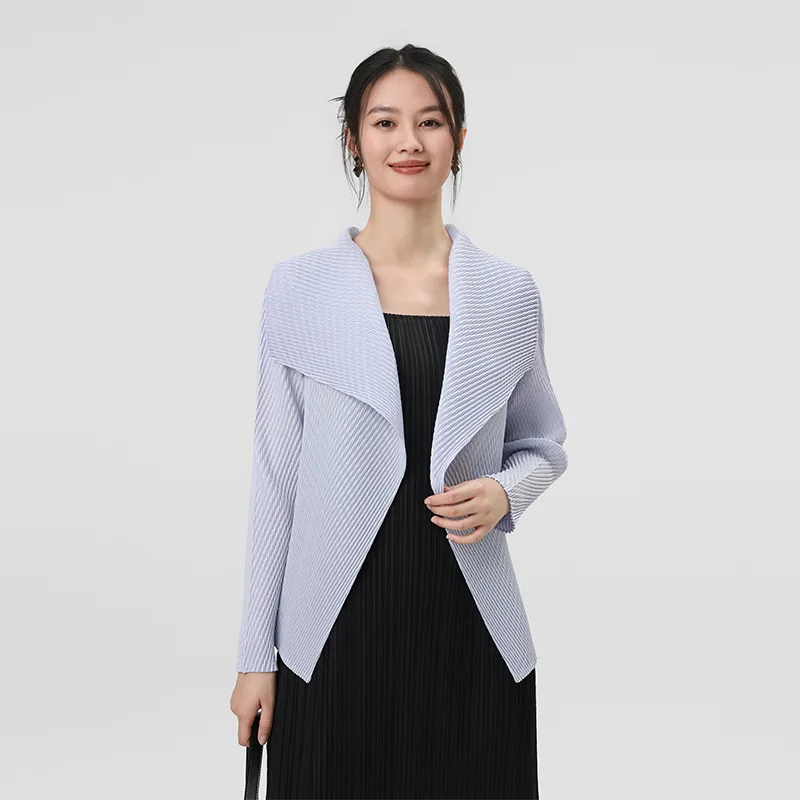 Spring Autumn New Women Coat Solid Color Collar Cardigan Design Wrinkle Fashion Long Sleeve Thin Female Jacket