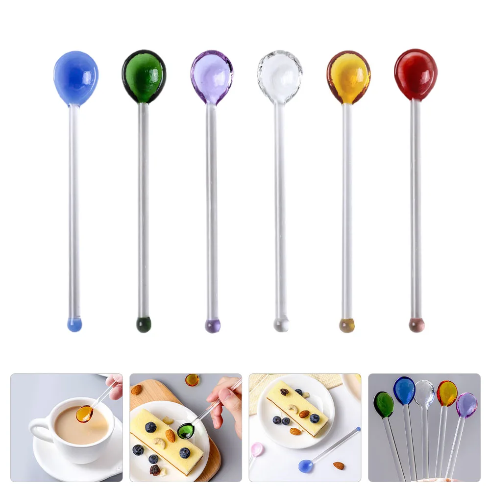 6Pcs Transparent Long Handle Glass Milk Drink Round Shape Lovely Stirrers Swizzle Stirring Rods for Household (Assorted Color)