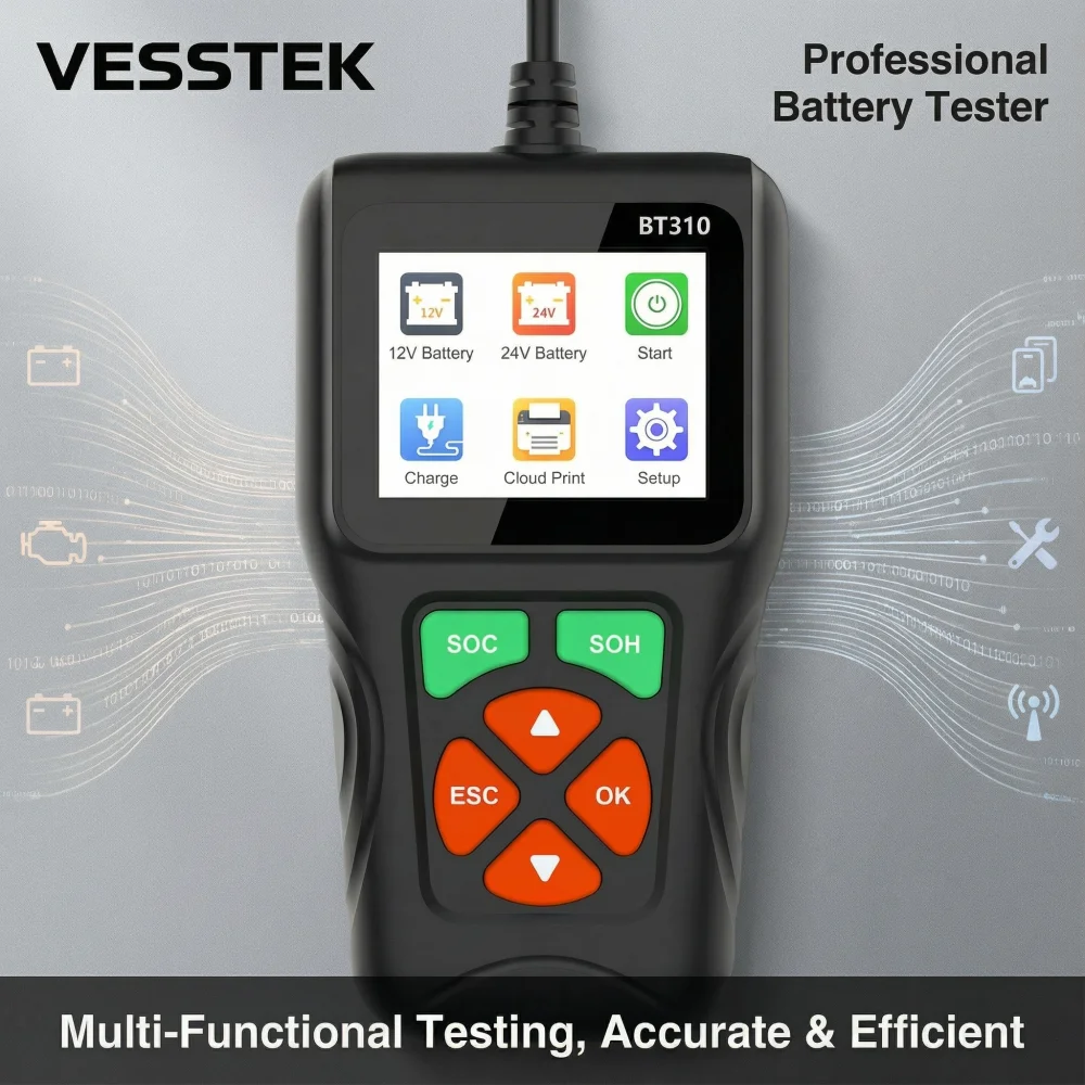 

Профессиональный тестер автомобильных аккумуляторов VESSTEK BT310 12В/24В, диагностический анализатор для аккумуляторов AGM, EFB, GEL, инструмент для проверки автомобильных батарей