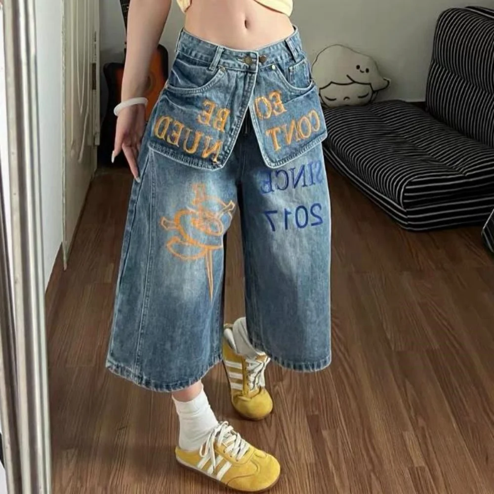 Graffiti letter printed double waistband fake two pieces of cropped jeans women's summer wide leg pants