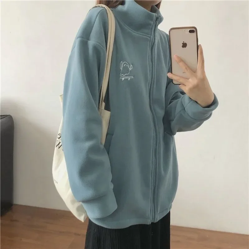 Jaket Sweatshirt ritsleting bulu musim gugur musim dingin pakaian wanita mantel bordir hangat mantel lengan panjang Sweatshirt kardigan olahraga luar ruangan