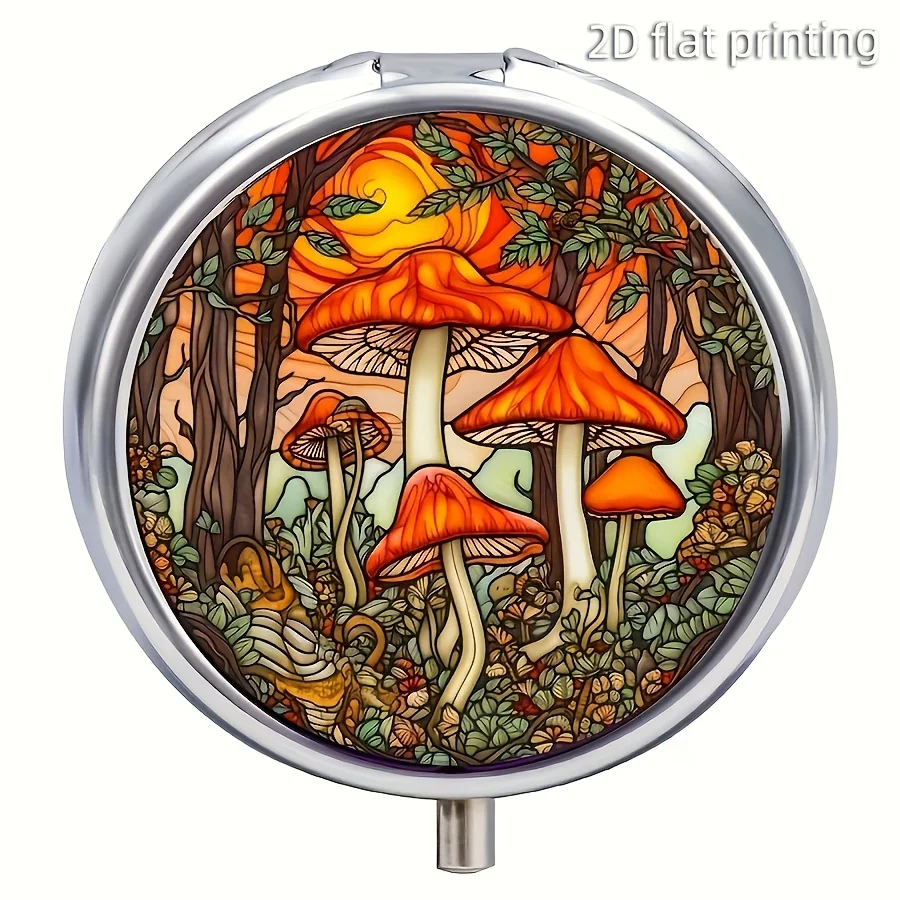 Personal Pill Box 1 Piece Sewant Bright Mushroom Illustration Metal Pill Box - 3 Compartment Portable Medicine Storage Box, Food Safe, Suitable for Wallets with Hinged Lids - Unique Nature-Inspired Design, Perfect Travel Gift, Compact Pill Box for Daily Pill Storage and Decoration, Wallet Pill Box
