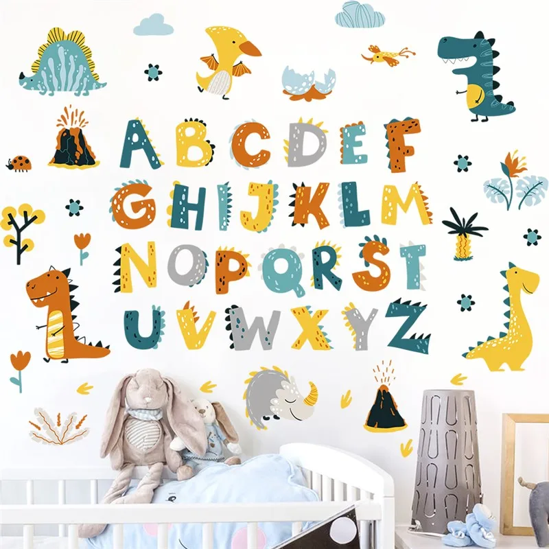 Cute Dinosaurs English Letters Wall Stickers For Baby Room Kindergarten Decor Alphabet Mural Art Home Decal Nursery Poster
