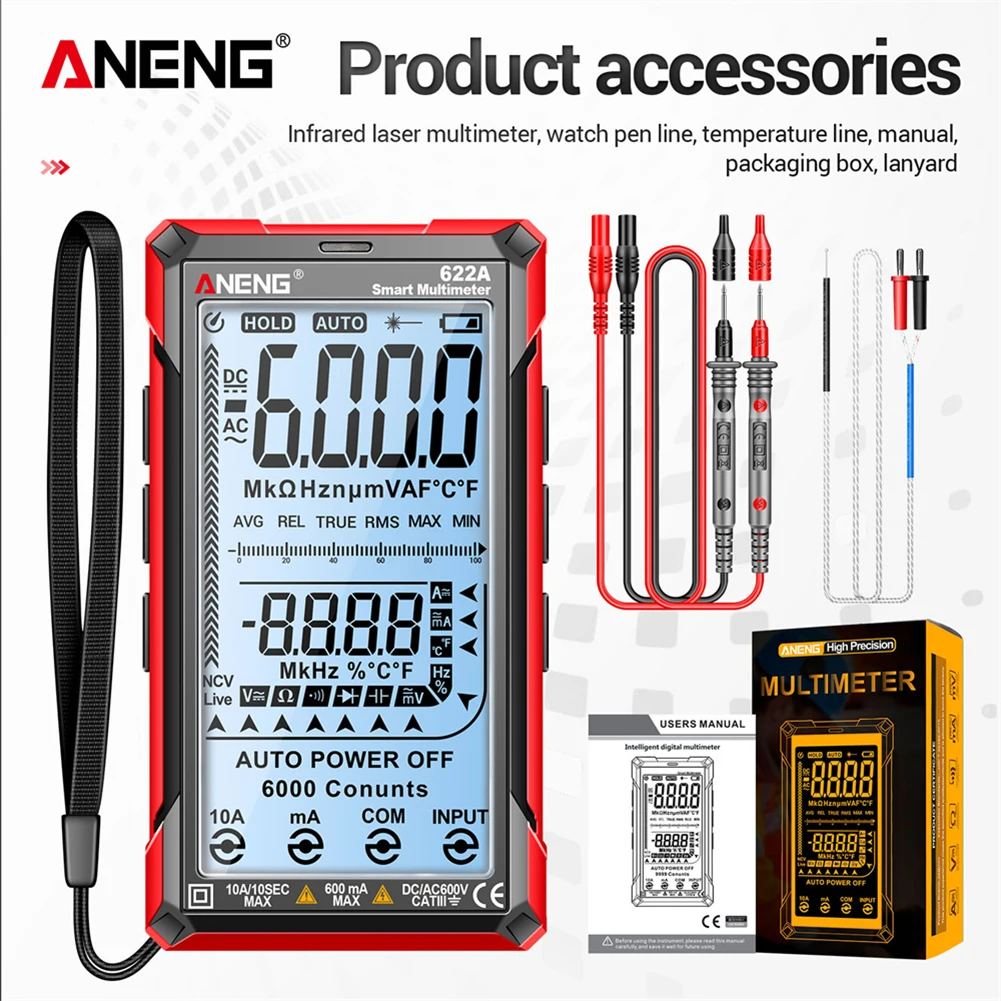 ANENG 622A automatyczny zakres AC/napięcie prądu stałego Tester pojemności miernik oporu elektrycznego 6000 liczy się z lampa laserowa wyświetlaczem