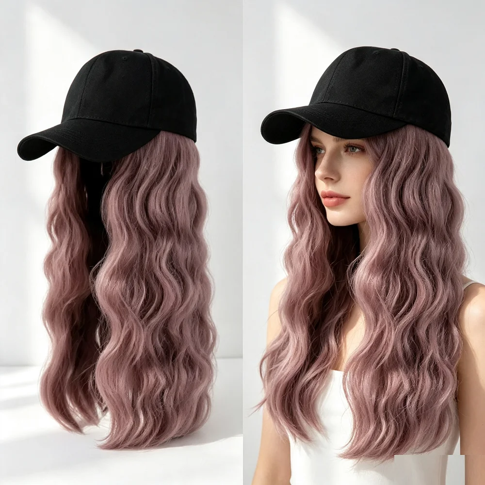 Baseball Cap with Hair Extensions for Women Adjustable Hat with Synthetic Wig Attached 24inch Long Wavy Hair Black Baseball Cap