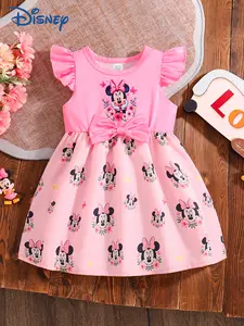 [Disney Genuine] Minnie Baby Girl Summer Flutter Sleeve Dress Pink Sweet Three-Dimensional Large Bow Full Floral Print Baby Fresh Princess Dress