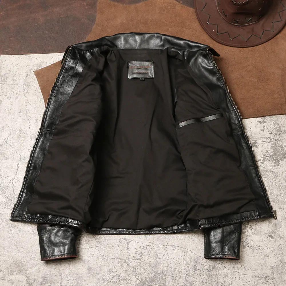 1930 Vintage Distressed Genuine Leather Jacket, Hard Tea Core Cowhide Short Lapel Slim Genuine Coat for Autumn Winter - view 3