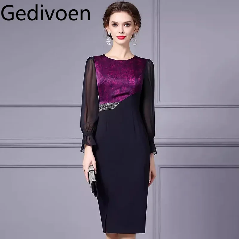 Gedivoen Women's Elegant Commuter Dress Flare Sleeved Beading Color Block Patchwork Pretty Slim-Fit Hip Wrap Pencil Dresses