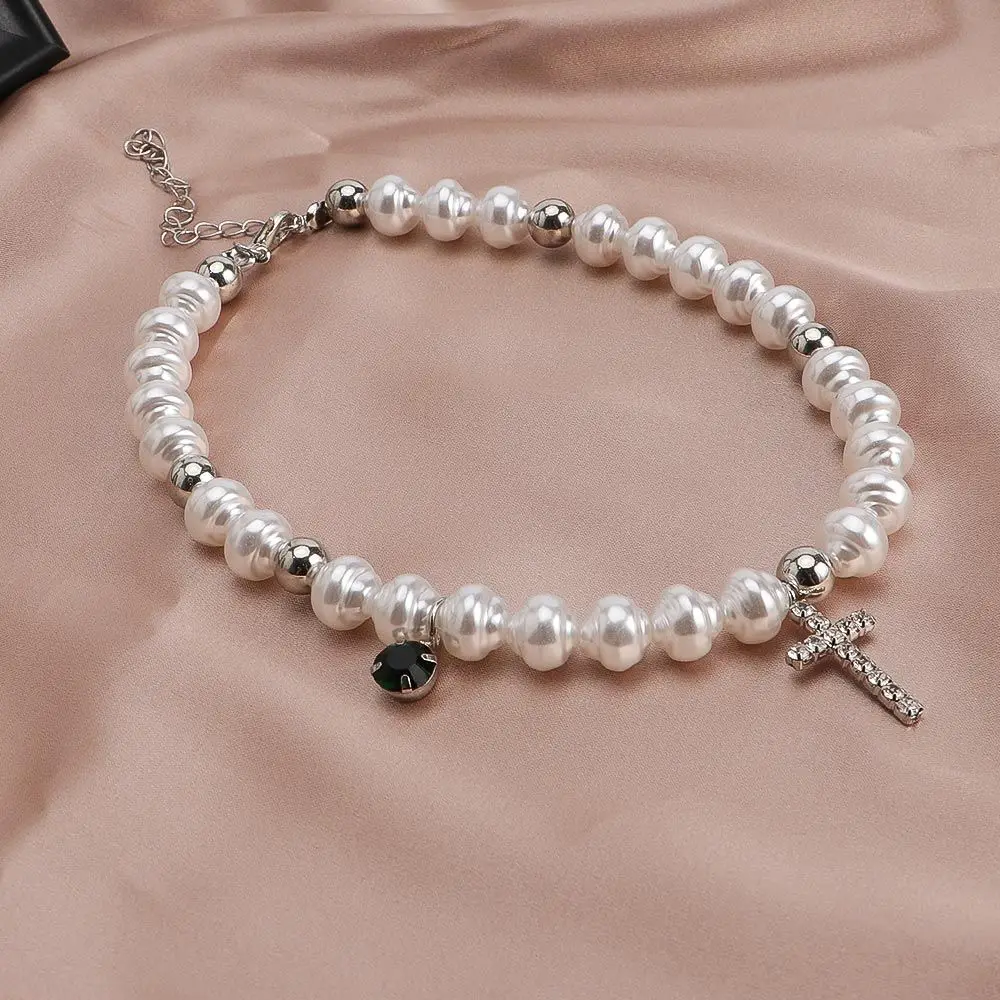 Vintage Pendant Crystal Cross Fashion Neck Jewelry Simulated Pearl Korean Style Necklace Woman Clavicle Choker