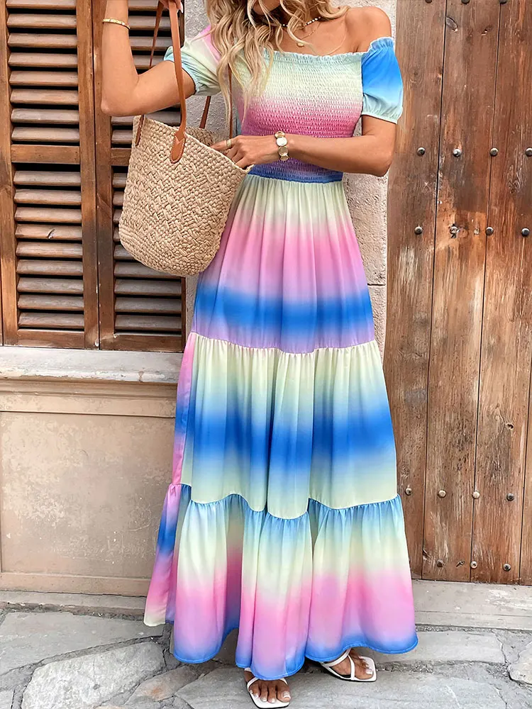 

Summer Women Tie-dye Dresses Fashion New Off Shoulder Loose Puff Sleeves Strapless Dress Elegant Party Casual Slim Maxi Dress