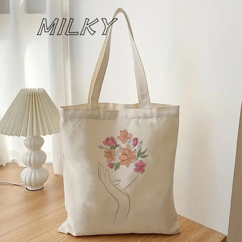 Women Canvas Bag Fashion Abstract Line Face Shopping Bag Casual Shopper Bag Minimalist Student Handbag Tote Shoulder Lady Bags