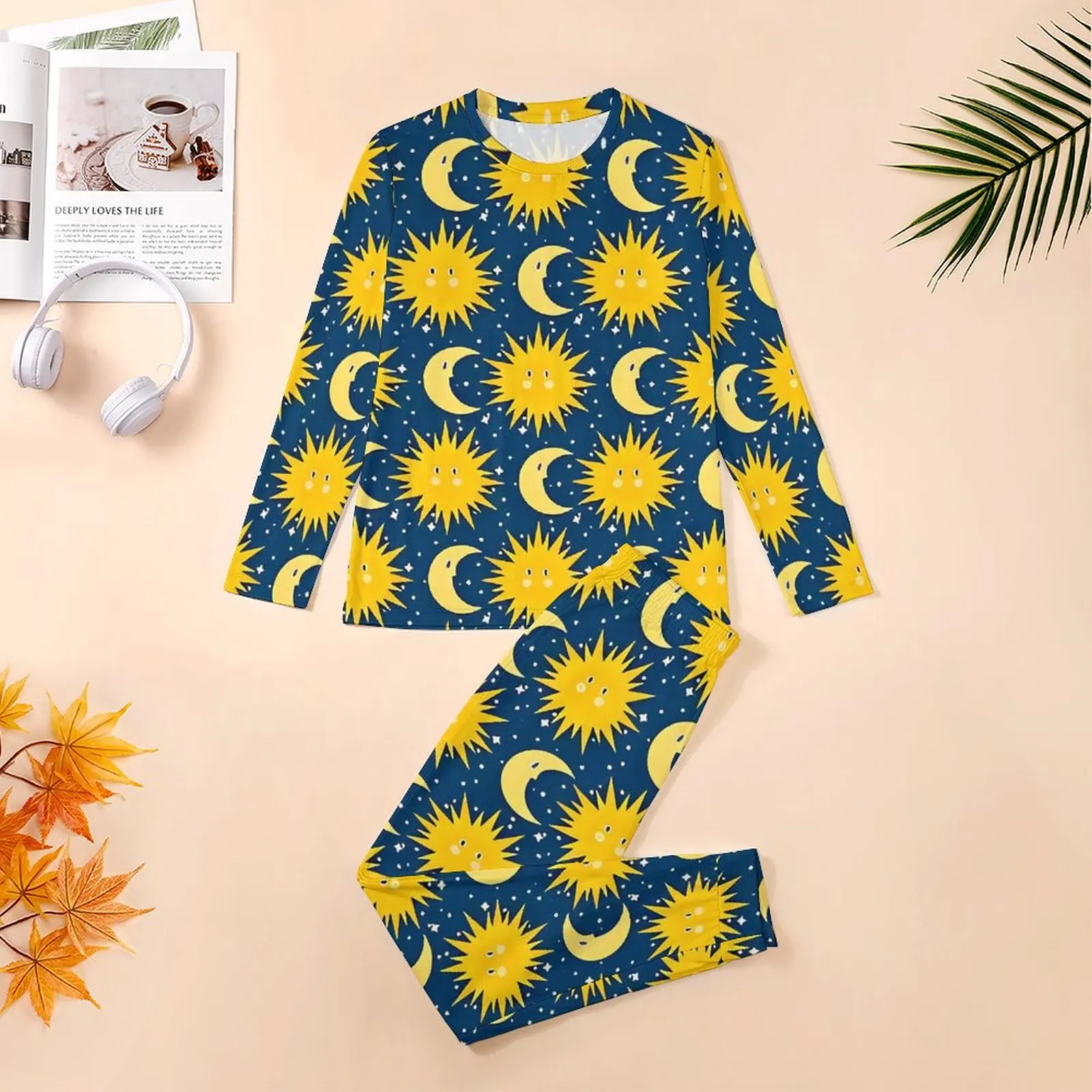 Cartoon Sun And Moon Pajamas Long Sleeve  2 Pieces Room Pajama Sets Daily Man Graphic Romantic Oversize Sleepwear