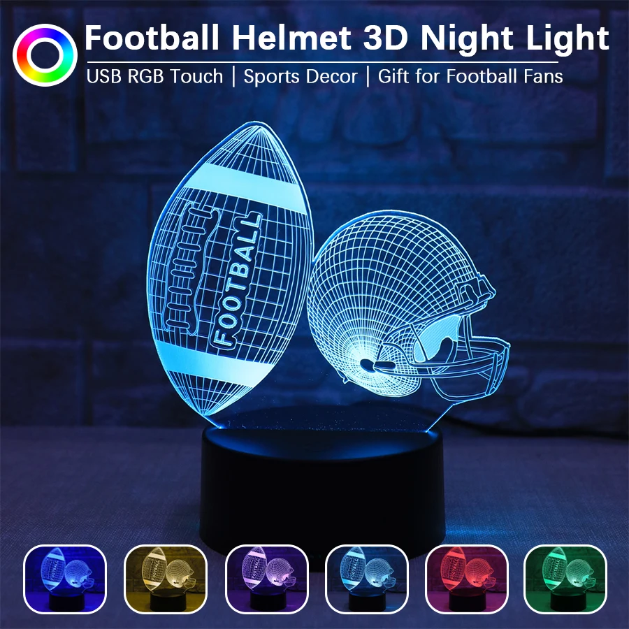 1pc Football Helmet 3D Acrylic Night Light USB RGB Touch LED Lamp Sports Decor Gift for Football Fans Boys Desktop Decor