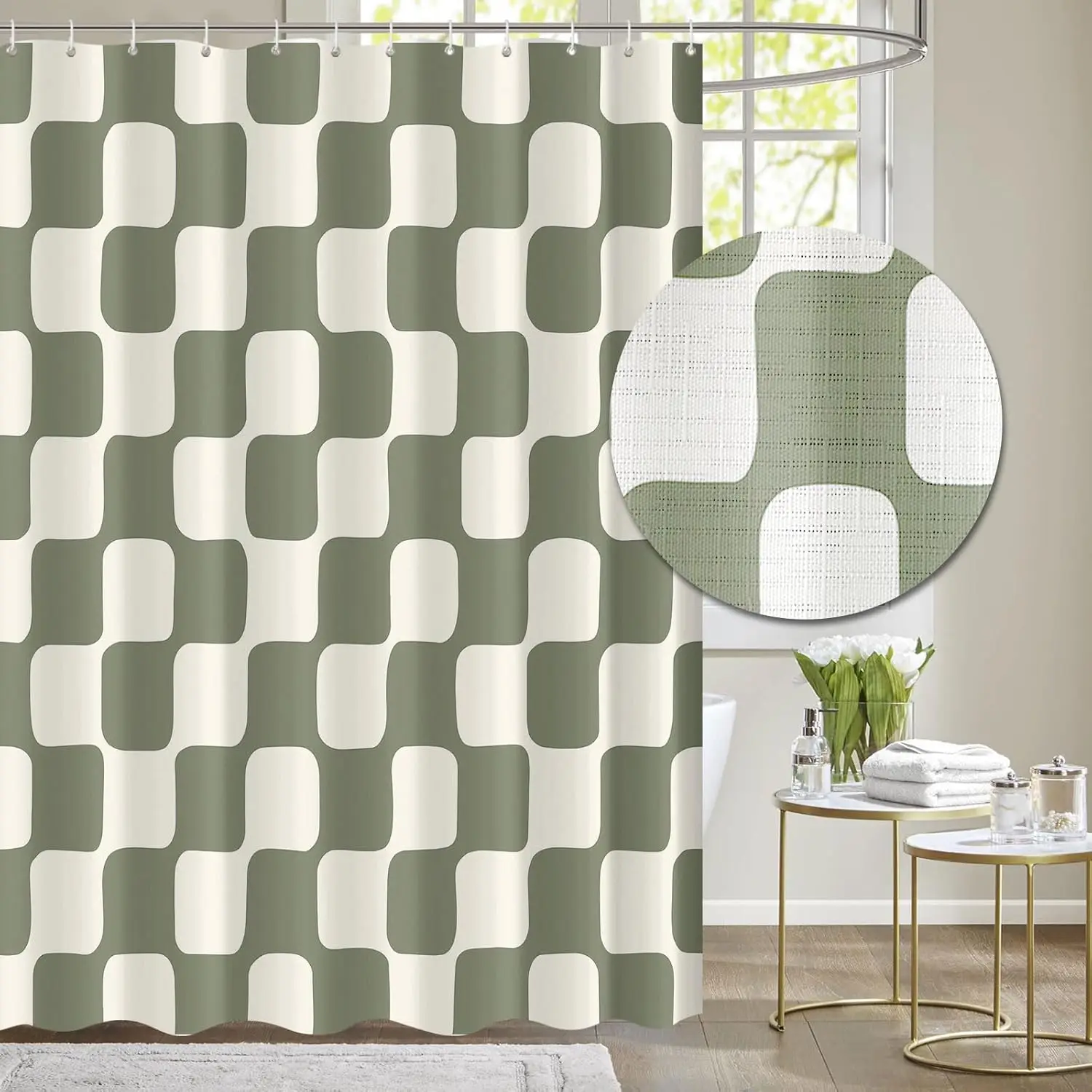 Retro Checkerboard Grid Pattern  Faux Linen Fabric Shower Curtain, Beige Sage Green Classical Groovy Wavy Checkered Shower