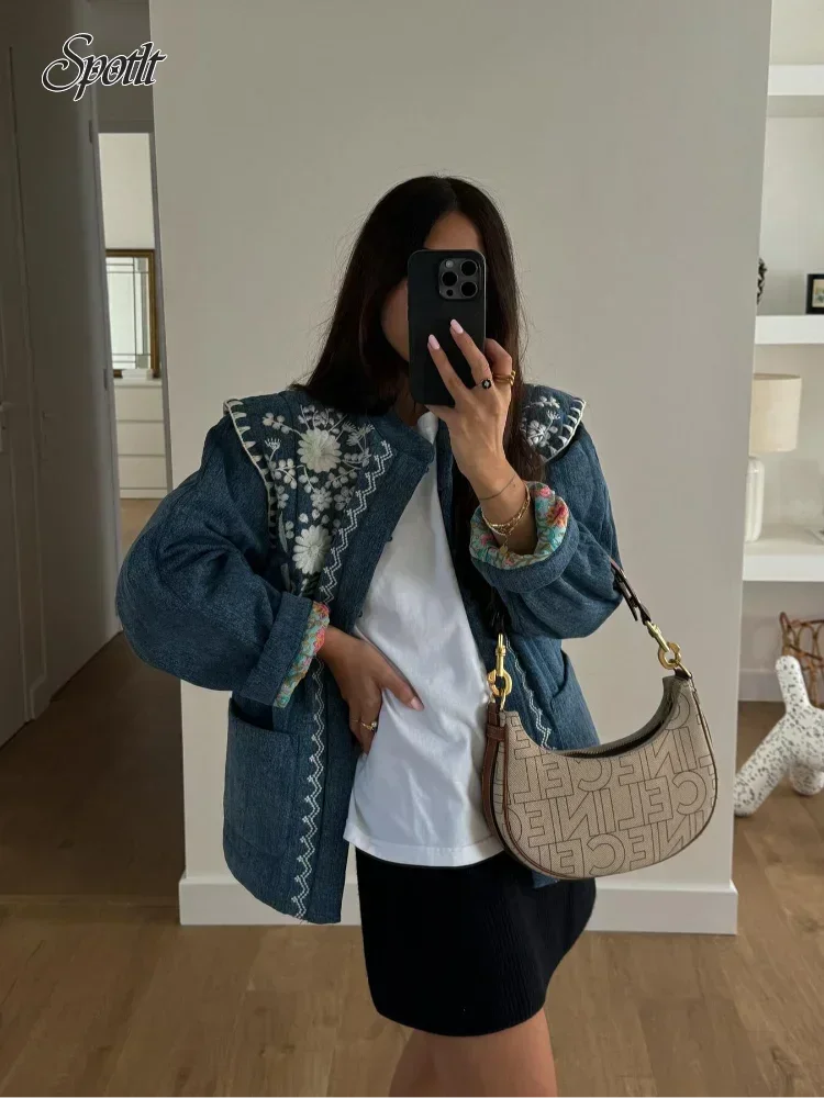 Mode druck blaue Baumwolle Patchwork Mantel Frauen elegante Tasche lange Ärmel Rundhals mantel 2024 lässige Dame hohe Streetwear