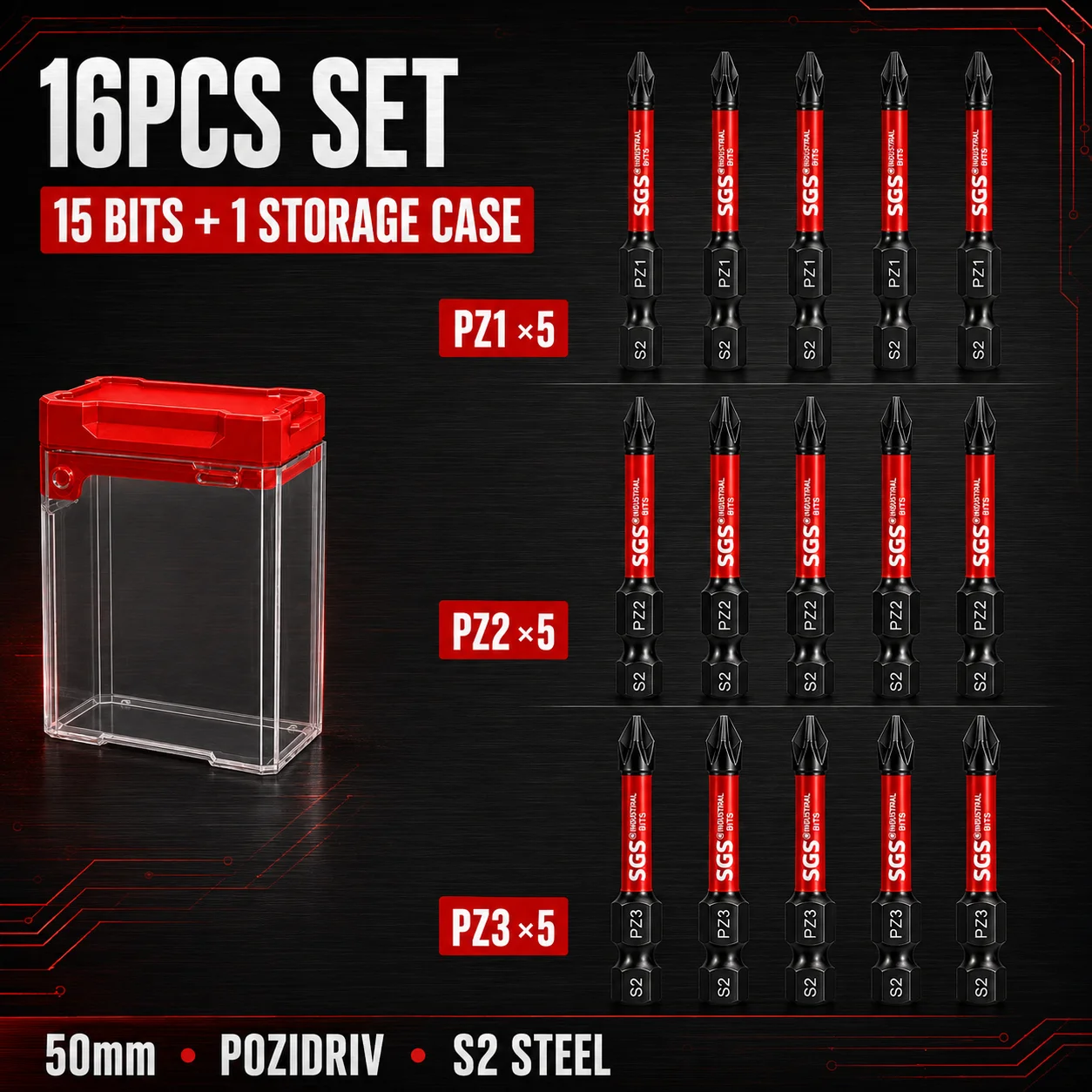 15-teiliges Set mit 50 mm langen PZ/PH Phillips-Schlagschrauber-Bits, S2-Legierungsstahl PZ1/PZ2/PZ3/PH1/PH2/PH3, 1/4-Zoll-Sechskantschaft, inklusive roter Aufbewahrungsbox, geeignet für Elektrobohrmaschinen, Schlagschrauber und Elektroschrauber. – Detail 9