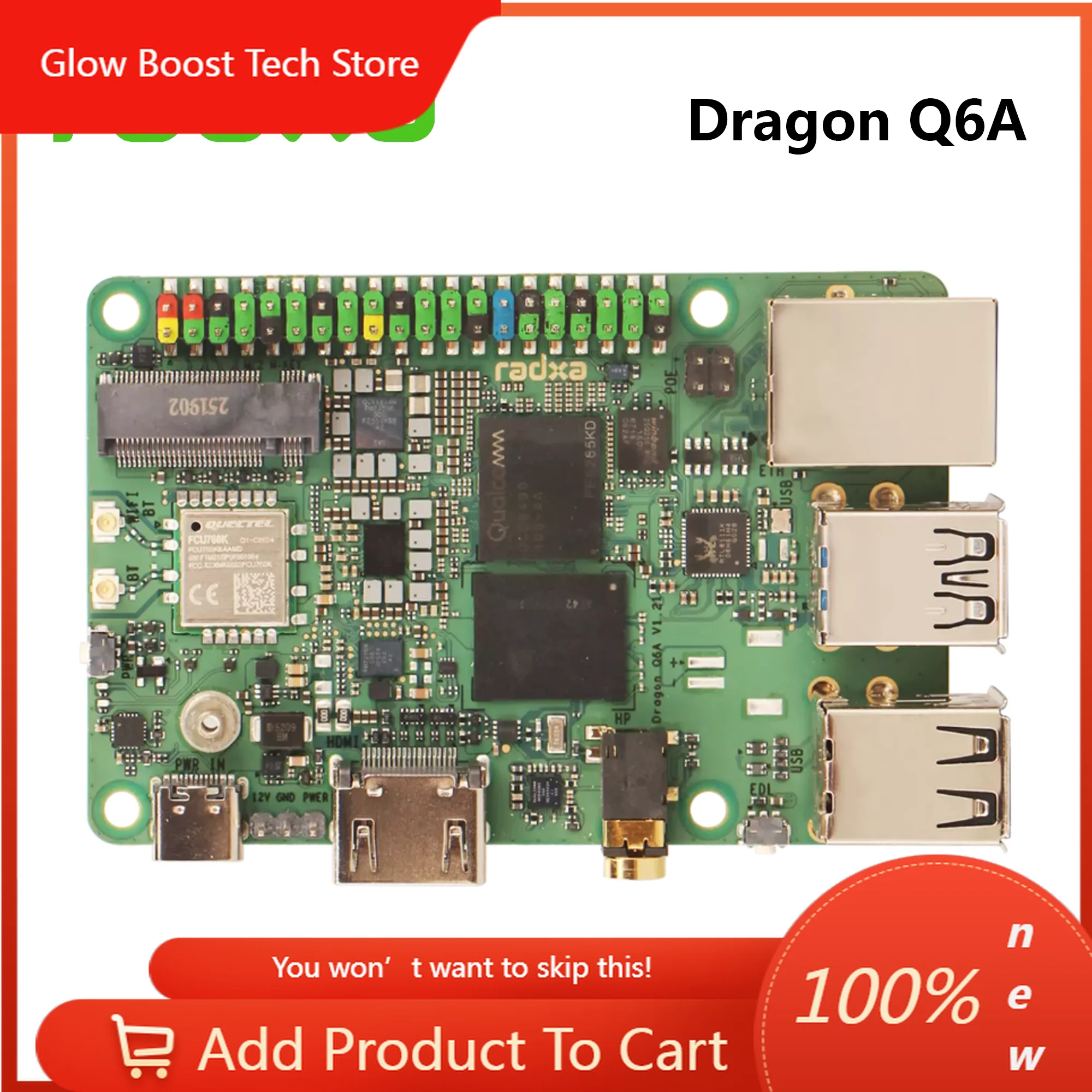 

GBRadxa Dragon Q6A Developmnet Board Qualcomm QCS6490 Soc 12TOPS computing power LPDDR5 Octa-core Platform for Edge AI
