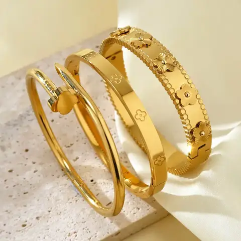 Yupsk 3pcs/1pc Fashion 18K Gold Plated Stainless Steel Nail Bracelet for Women Luxury Cubic Zirconia Bangle Daily Wear Jewelry