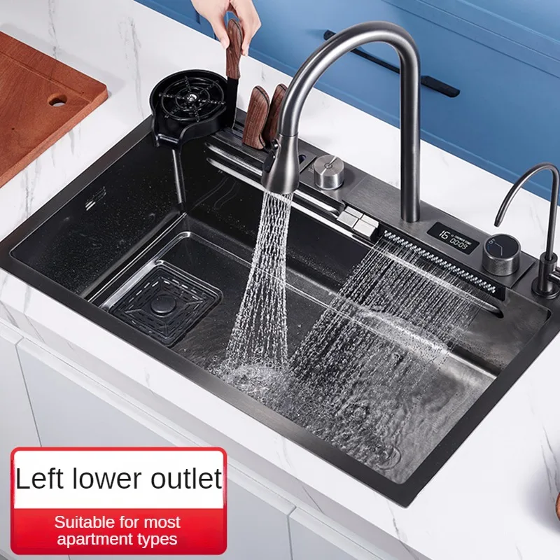 Kitchen Sink with Multifunction Touch Waterfall Faucet Stainless Steel Large Single Bowl Kitchen Novel Kitchen Accessories