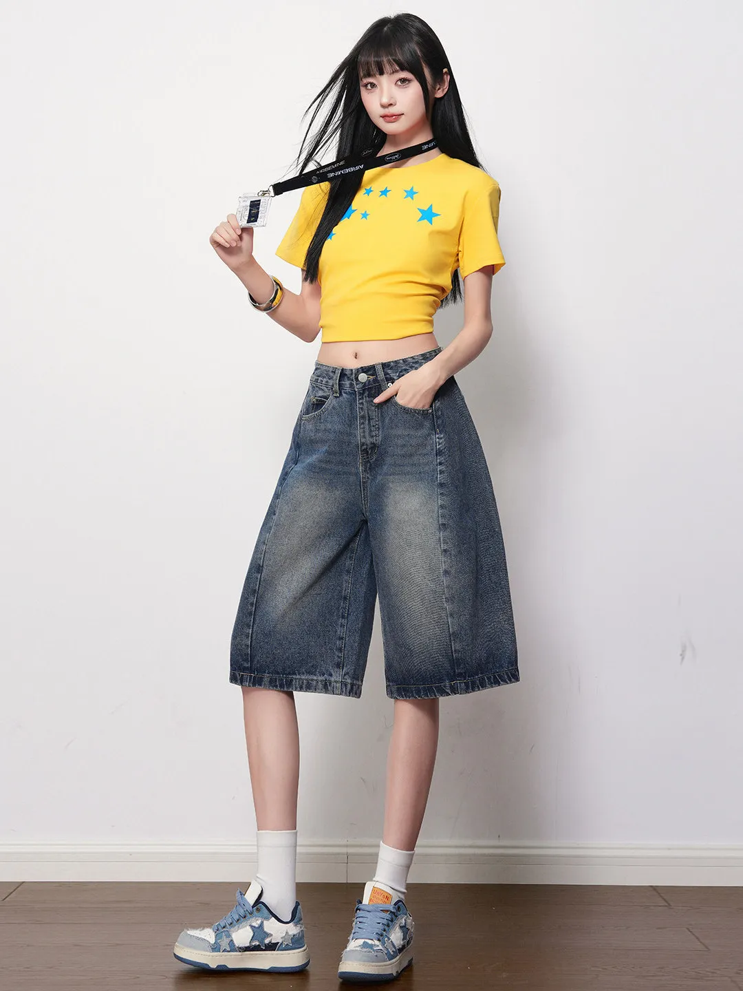 

Retro Blue Wide Leg Straight Cut Jeans Women's Summer New Loose Slimming Concealing High Waist Five-Quarter Denim Pants