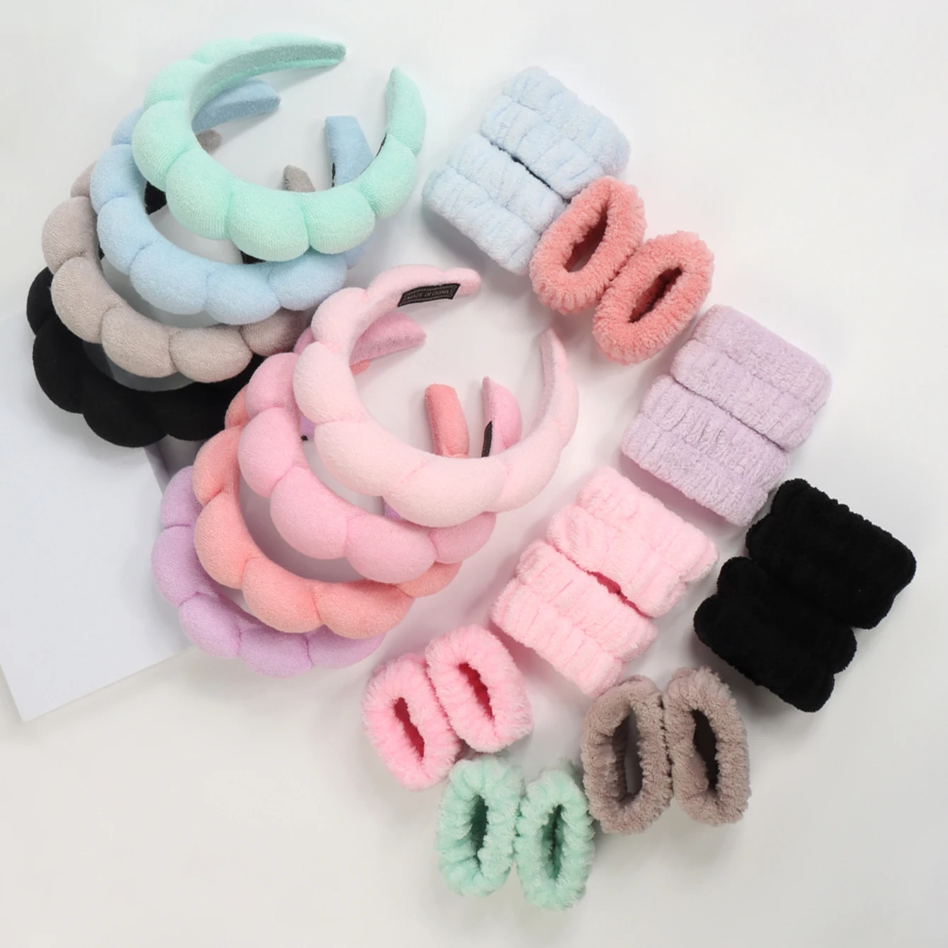 6Pcs Fashion Microfiber Washing Wristbands Scrunchies Puffy Headband Spa Bubble Headband for Washing Face Makeup Shower Skincare