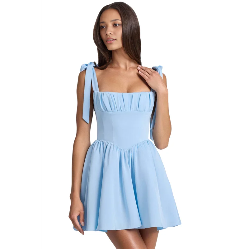 ASDS-Smocked Ruched A Line Swing Dress Layered Tie ไหล่ Flowy Cami- Dress