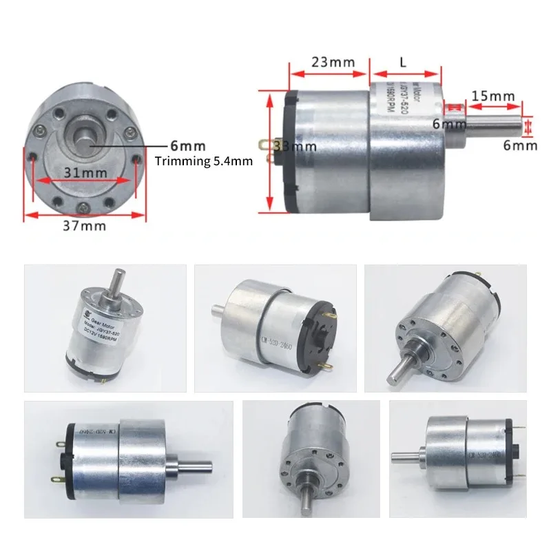 DC Gear Motor High Torque 37mm 6V/12V/24V All Metal Gear Box 7RPM-960RPM Gearmotor Eccentric Shaft Geared Motor JGB37-520