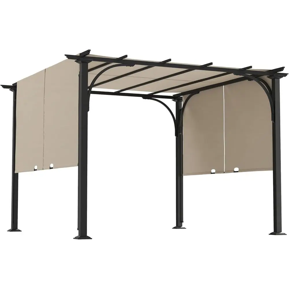 10' x 10' Weather-Resistant Steel Patio Pergola, Backyard Sun Shade Cover Shelter, Garden Grill Gazebo, Beige