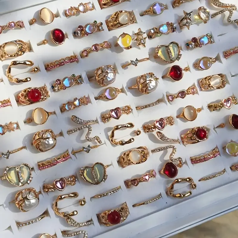 10/17Pieces Fashion Heart & Cat Eye Opal Ring Set For Women Mix Style Open Adjustion Daily Jewelry Party Gifts